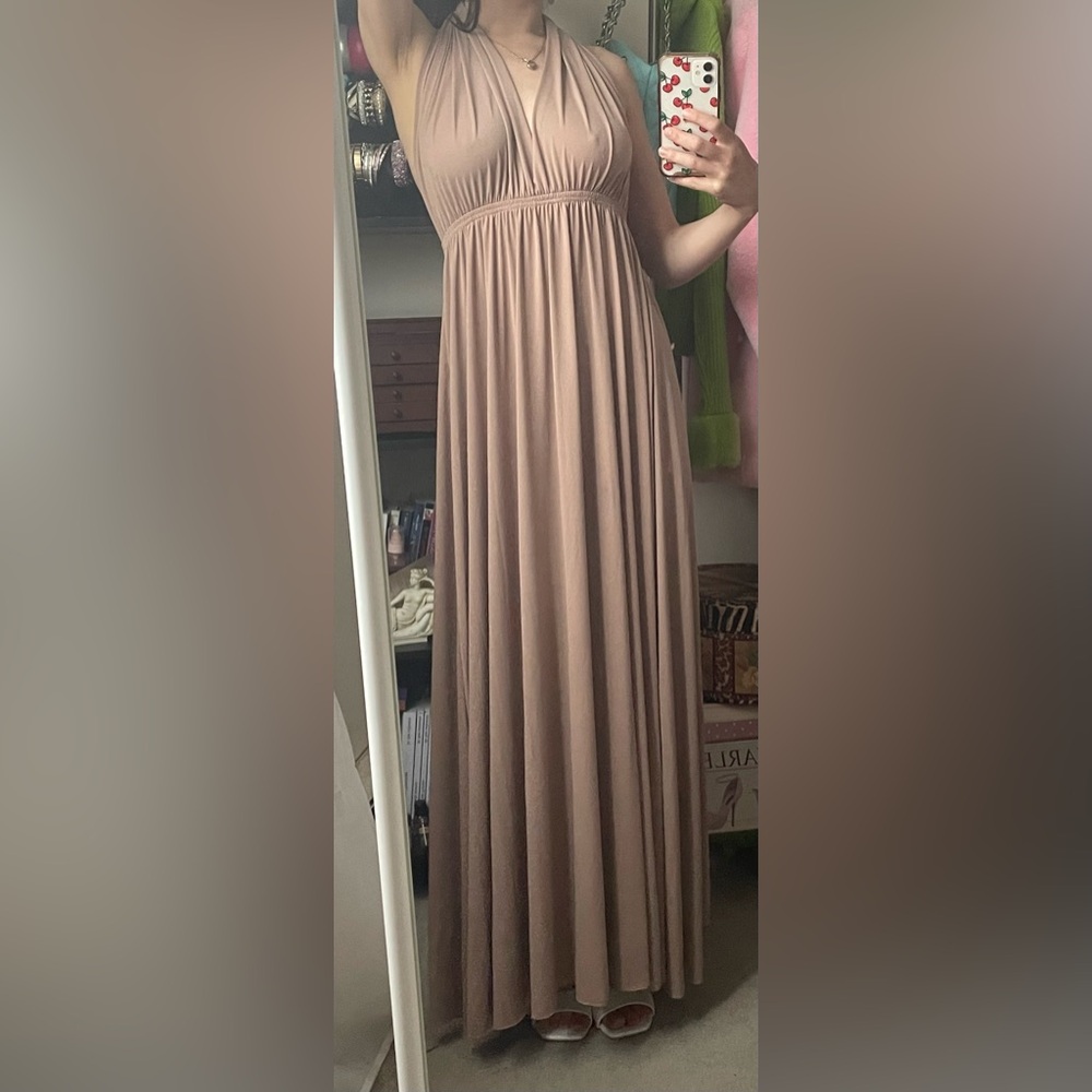 Elegant Maxi Long Tan Backless Halter Dress